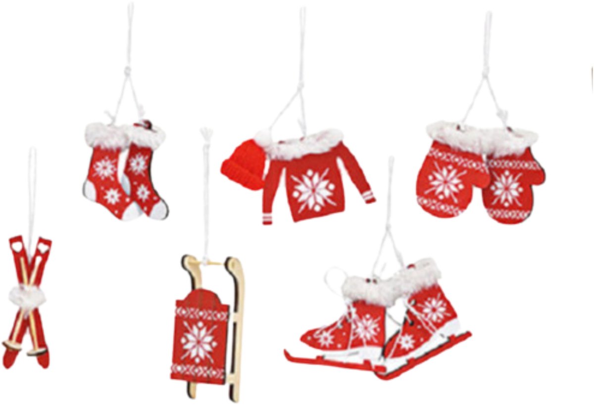 G. Wurm Kersthangers - 6x - hout - rood/wit - 6-10 cm - kerstboomversiering