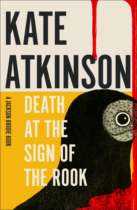Boekhoes met de tekst "KATE ATKINSON DEATH AT THE SIGN OF THE ROOK" en een detail van een roodborstje met oog.