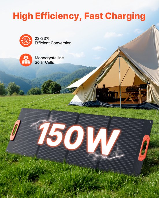 VEVOR Monokristallijne Zonnepanelen 150w Opvouwbaar, Draagbaar Etfe Mono Zonnepaneel met Mc4-Uitgang, Type-C, Qc3.0 Usb- en Dc-Poorten, Ip67 Waterdicht voor Powerstations, Kamperen en Wandelen — afbeelding 4