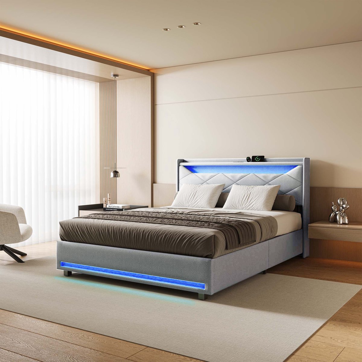 Solvenrik Bedframe 160x200 – met Opbergruimte – LED & USB-C – Hoofdbord met Opbergplank – Grijs
