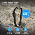 Zwarte, ultralichte karabijnhaak (19g) met schroefslot, belastbaar tot 20kg. Roestbestendig.