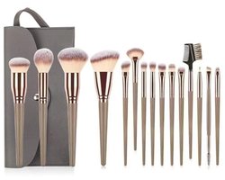 15-delige make-up borstels set, complete kit met opbergtas voor professionele make-up