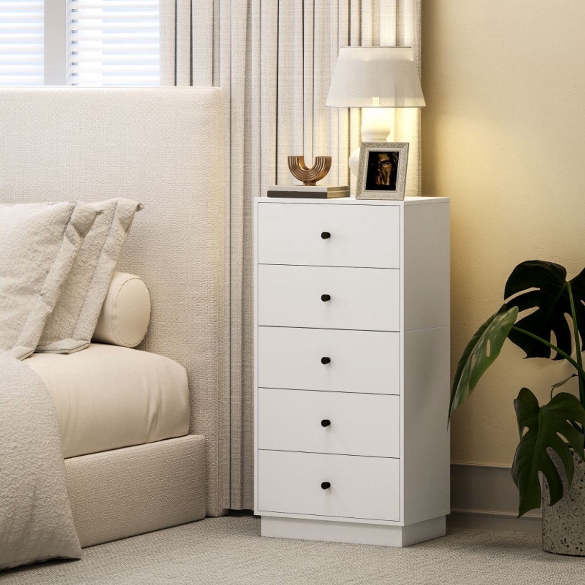 REDOM - Ladekast - 5 Laden - Modern - Voor Woonkamer Slaapkamer Of Hal - Spaanplaat - Wit - 47 X 29 X 95 Cm