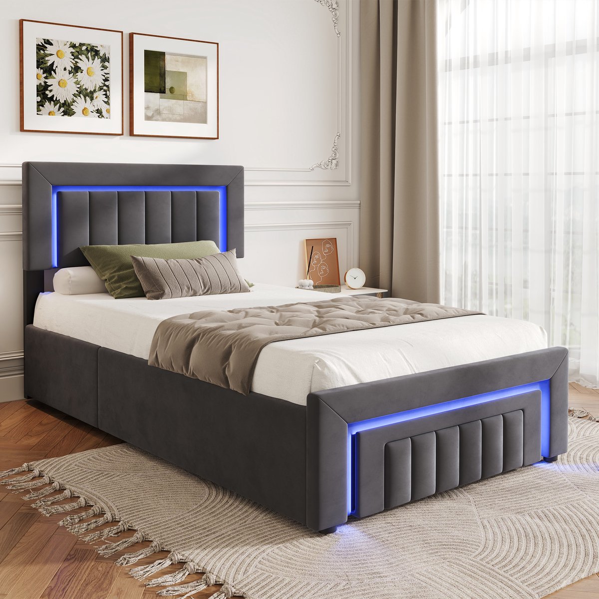 REDOM Eenpersoonsbed 90x190 cm – Fluwelen bekleding donkergrijs – LED-verlichting & opberglade – Lift-up opbergsysteem – Ruimtebesparend bed voor slaapkamer – Modern design - Zwart