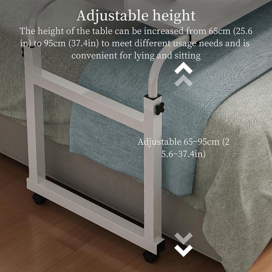 Bedtafel Op Wielen - Laptoptafel Werkplek - Thuiswerken Eten - Verstelbare Hoogte Breedte - 45x65-95cm - Wit — afbeelding 3