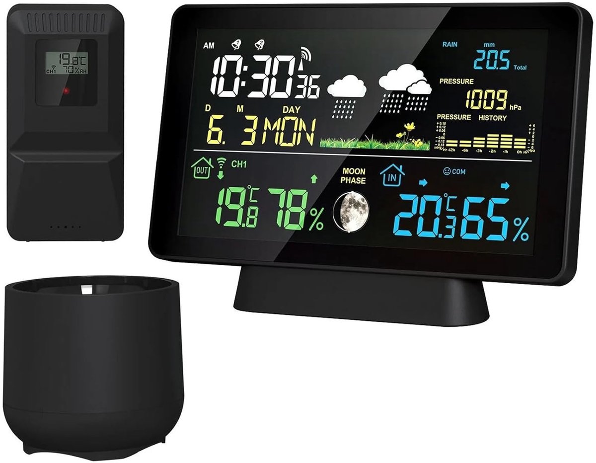 Draadloos Weerstation - Binnen Buiten Thermometer - Weer Monitoren - 8-in-1 Functies - 7.5 Inch Kleurenscherm - Zwart
