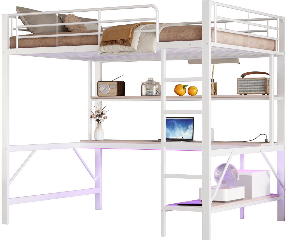 Merax Hoogslaper 140x200 met Bureau - Metalen Frame - LED Verlichting met Afstandsbediening - USB en Stopcontact - Opbergplanken - Wit