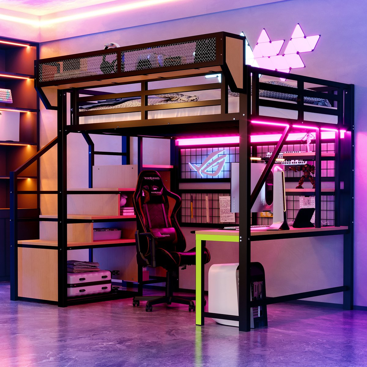Metalen Hoogslaper 140×200 cm Met Bureau, Plank En Opbergnet, Compleet Met Veiligheidsladder, Ledverlichting En Stopcontact,Opklapbare Reling, Zwart- Kinderhoogslaper & Tienerhoogslaper - Ruimtebesparend - Praktisch - Stabiel & Veilig - Zonder Matras