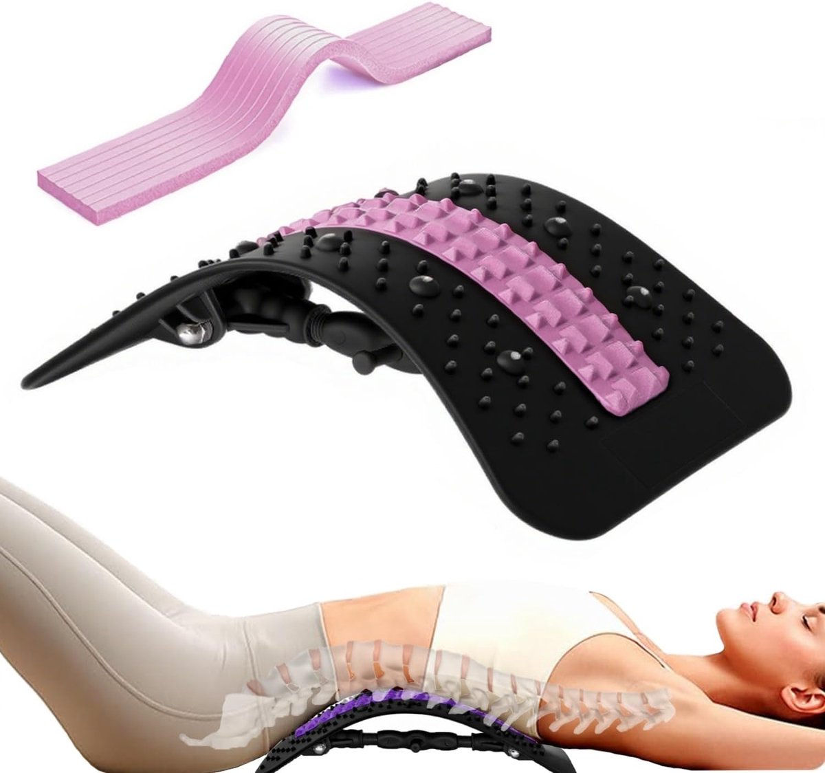 Rugstrekker apparaat - Rugtrainer lendensteun - Verlicht rugklachten - Met massagepunten - 37 x 25 x 5 cm - Roze-zwart
