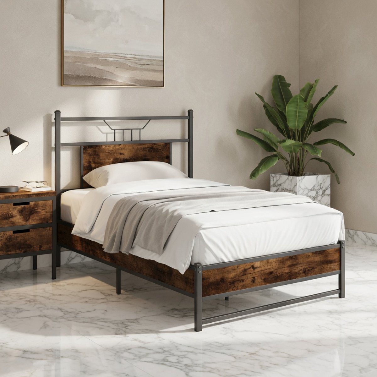 Industrieel Metalen Bedframe 90x200 cm met Hoofdbord en Opbergruimte – Robuust Stalen Eenpersoons Bed in Rustieke Eikenlook – Inclusief Lattenbodem Merk: House & Graden