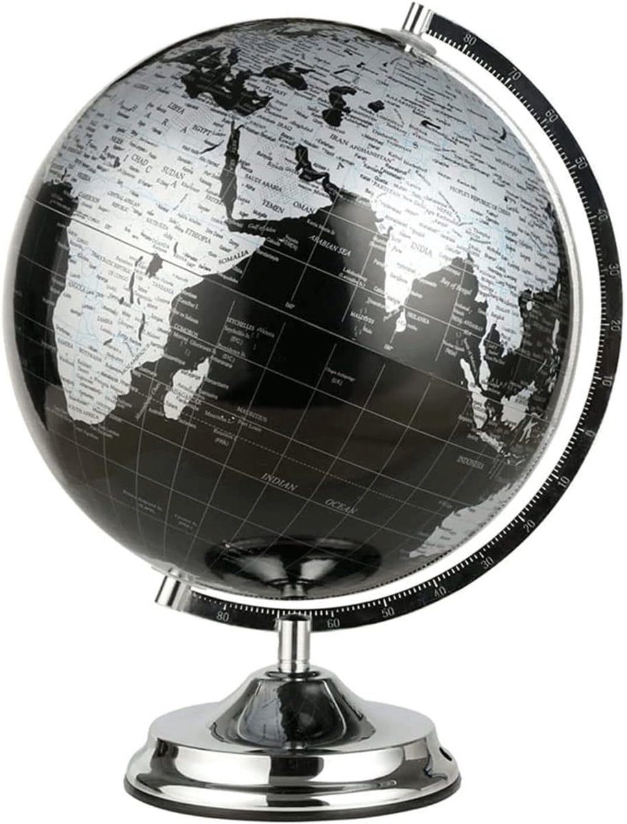 Decoratieve Wereldbol - Aardbol Decoratie - Leren Wereld - HD Kaartdetails - 32 cm Doorsnede - Zwart