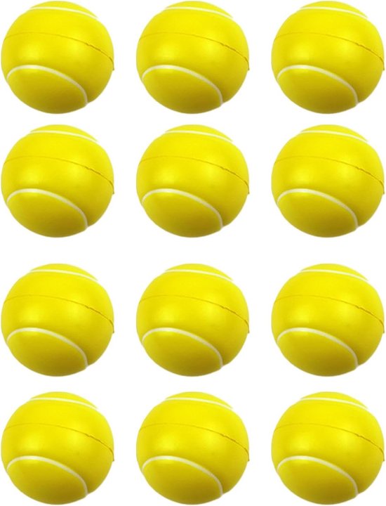 Twaalf gele tennisballen met witte naden, gerangschikt in een raster.