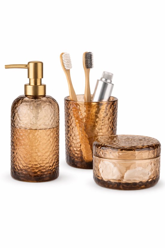 Badkamer Accessoires Set Bruin Glas – Zeepdispenser, Tandenborstelhouder & Voorraadpot – Gerecycled Glas