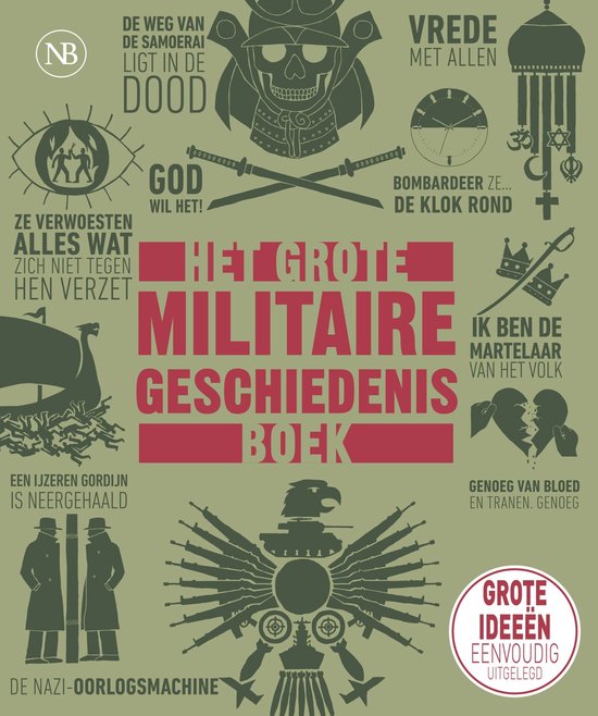 Couverture de livre avec le titre 'Het Grote Militaire Geschiedenisboek' en lettres rouges, entourée de symboles et de textes sur la guerre, la paix et l'histoire.