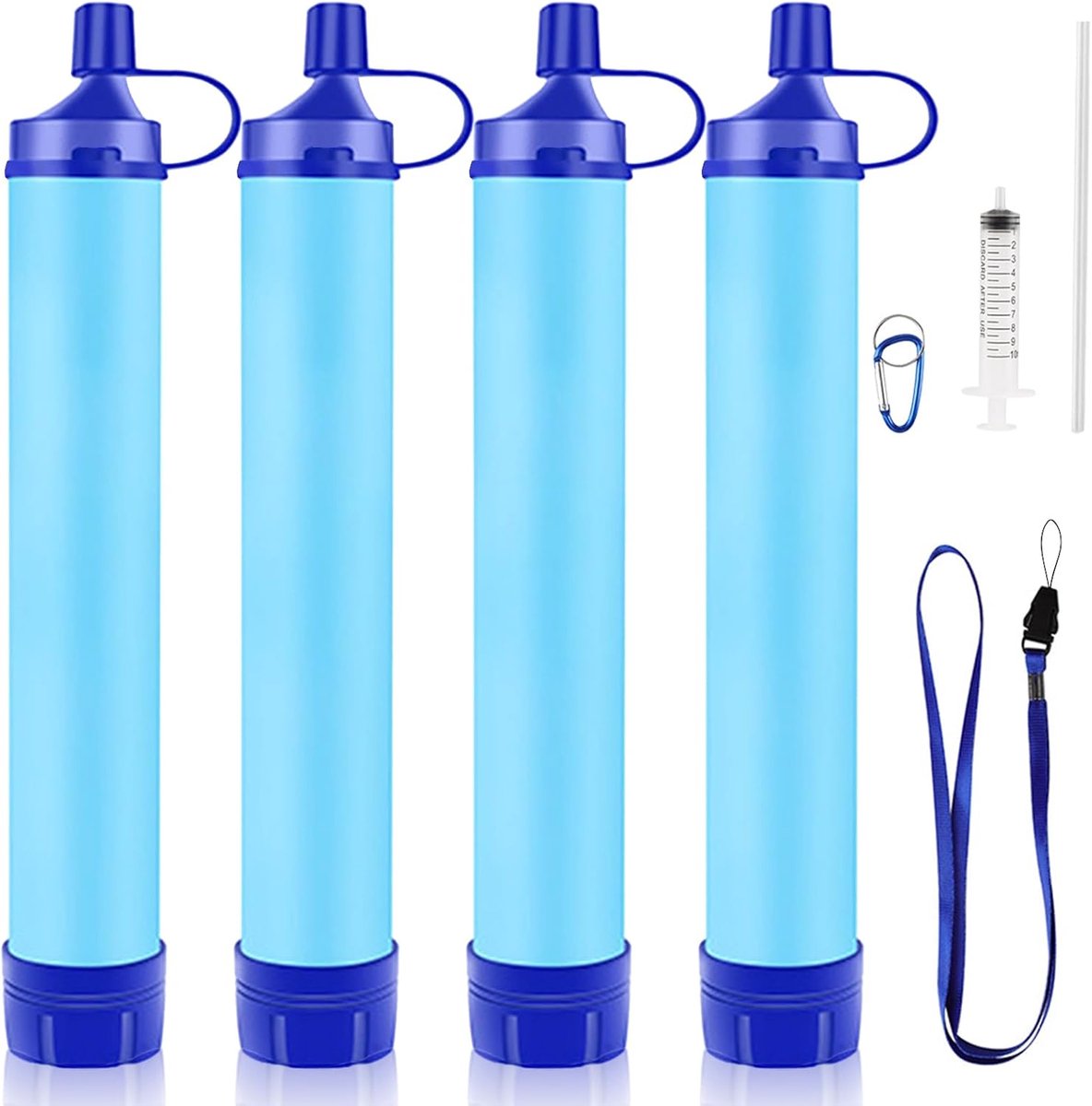 4 Stuks Outdoor Camping Waterfilter Strohalm – 1500L Capaciteit, 0,1 Micron Filternauwkeurigheid, Verwijdert 99,99% Bacteriën & Parasieten, BPA-vrij, Blauw