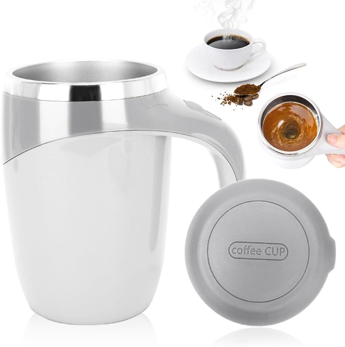 RVS zelfroerende mok – Magische elektrische koffiemok 380ml (wit)
