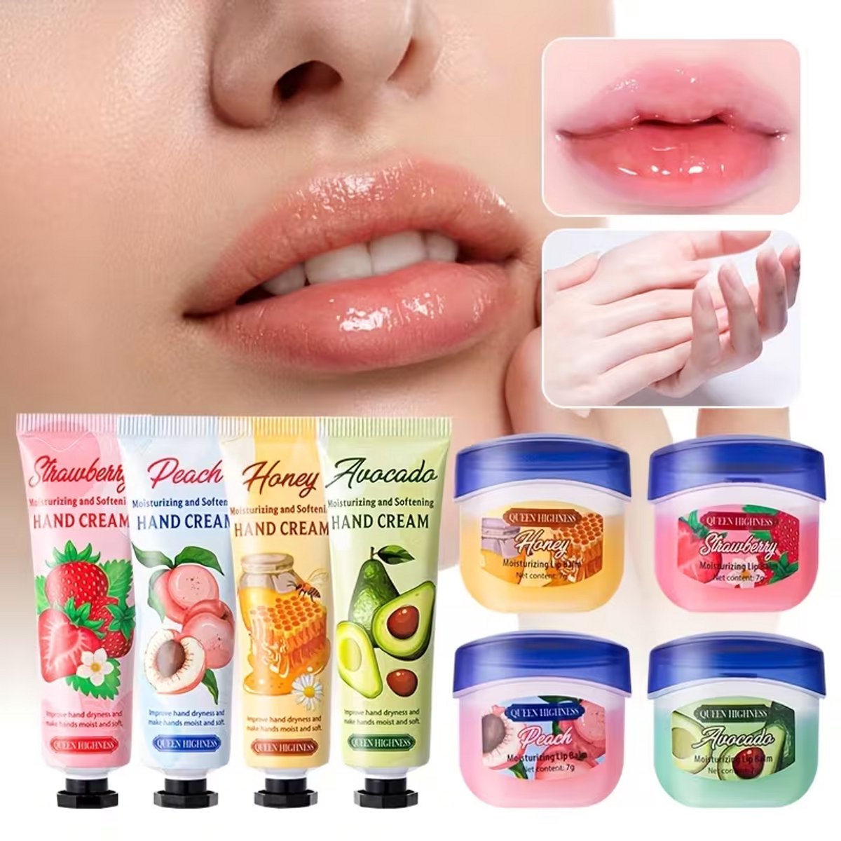8-Delige Lipmasker & Handcrème Set – Hydraterende Verzorging voor Lippen & Handen Cadeauset