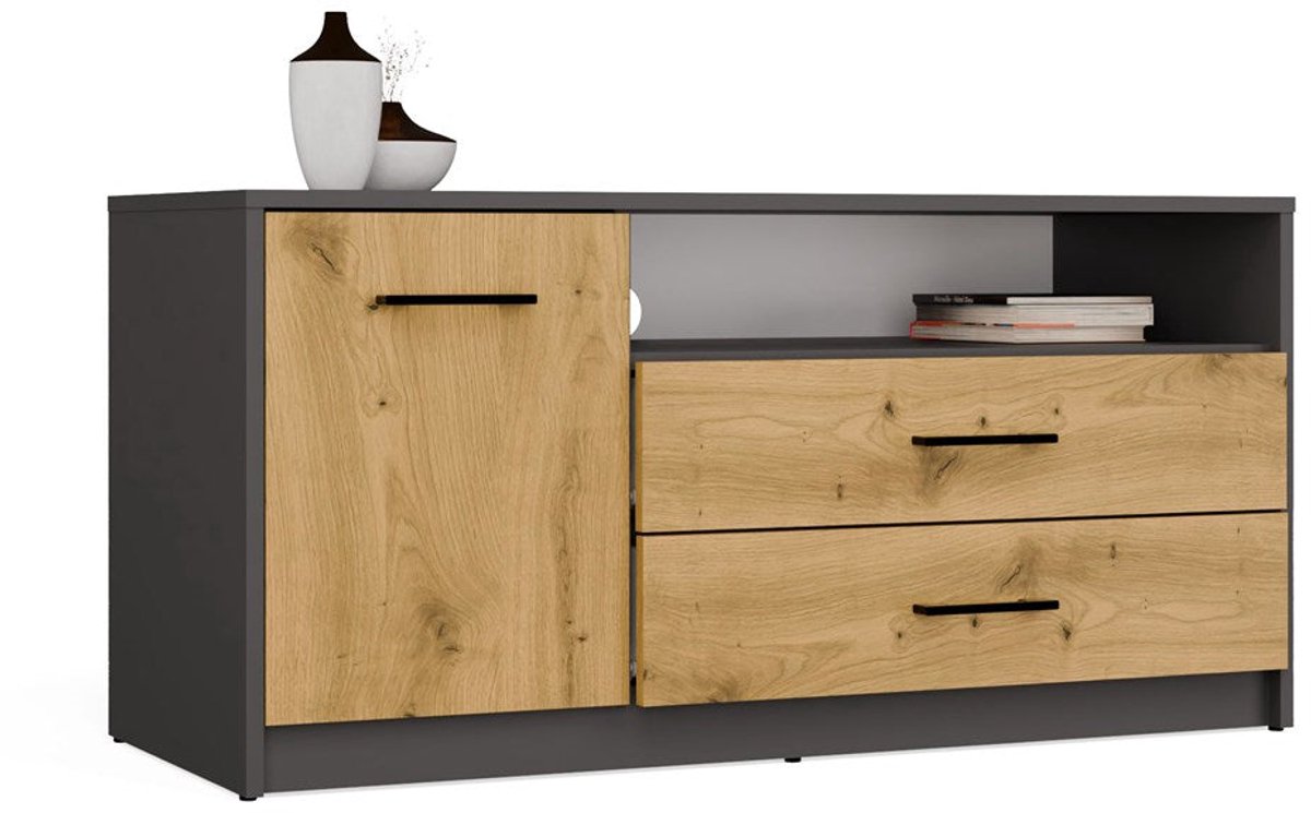 Modern TV-meubel Simplo 1D2S - 2 laden, 1 deur, open plank | Antraciet & Ambachtelijk Eiken