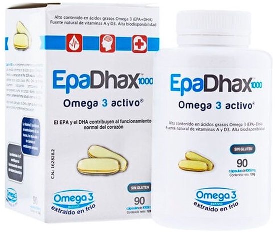 Verpakking en pot EpaDhaX 1000mg Omega 3 actief, 90 capsules, met afbeelding van 2 capsules.