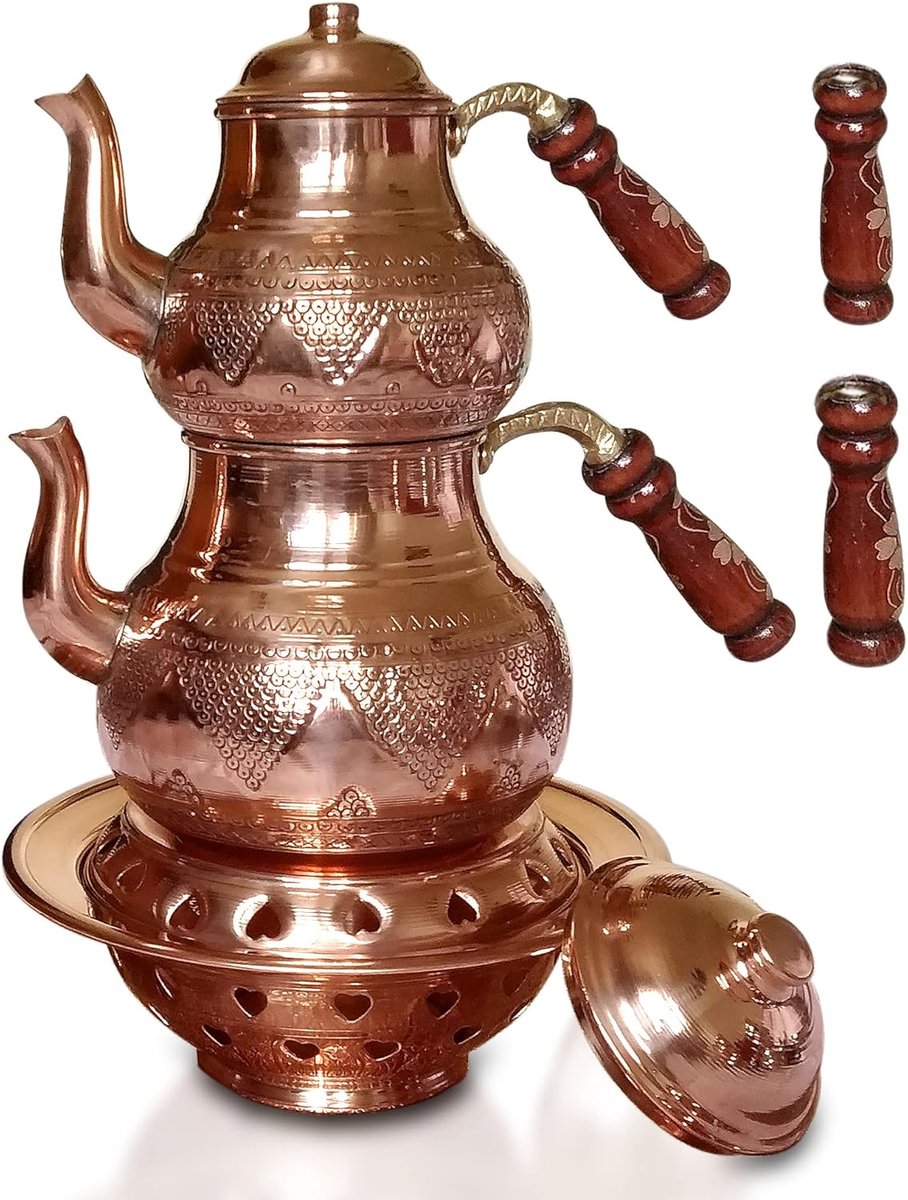 Theepot Set - Waterkoker Samovar - Thee Serveren - Handgemaakt Koper - 27 Liter - Koperkleurig