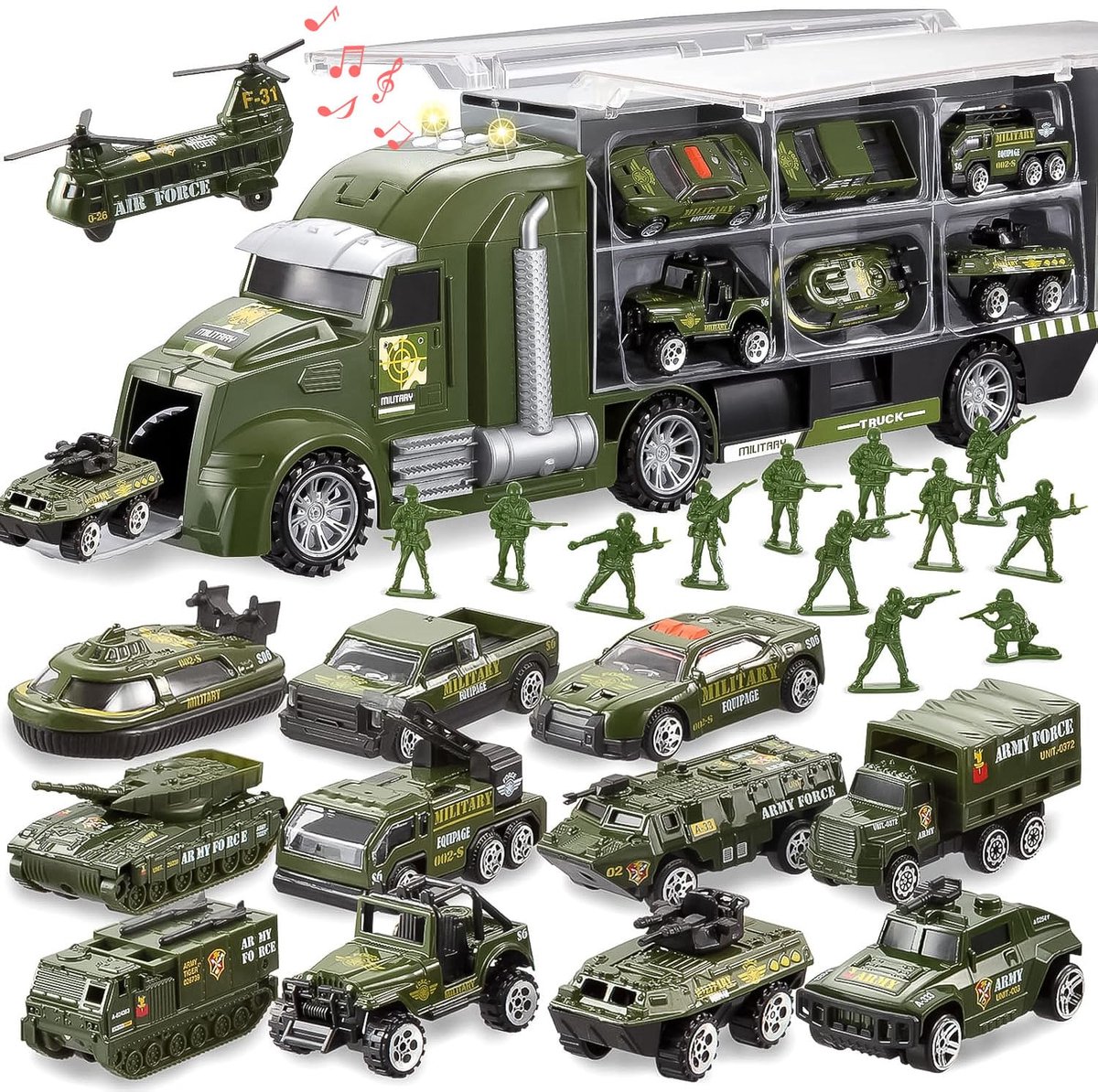 JOYIN 25-in-1 militair kinderspeelgoed voor kinderen vanaf 3 jaar, speelgoed voor peuters, jongens speelgoed, leger mannen tanks set met soldaatmannen, mini-gevechtswagens in transportwagen met licht