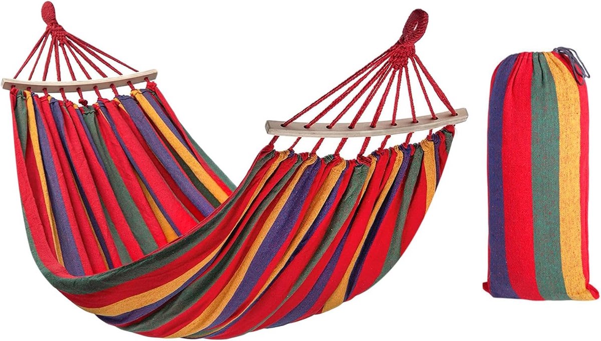 Eenpersoonshangmat - Relaxmat Luieren - Buiten Ontspannen - Met Spreidstok - 90x260 cm - Rood