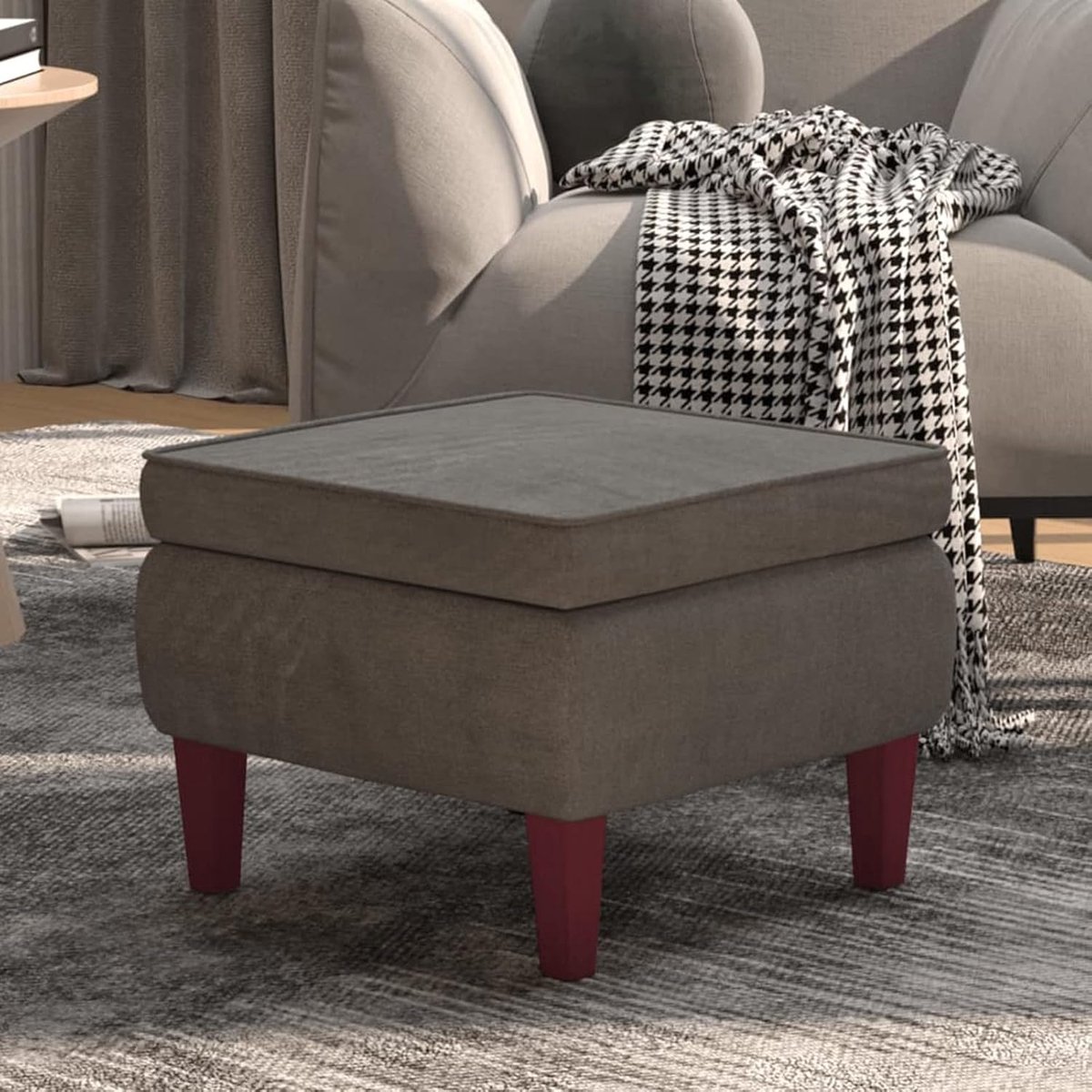Voetenbank Kruk - Poef Zitje - Voeten Ontspannen - Stevige Houten Poten - 40x40x14 cm - Donkergrijs Fluweel