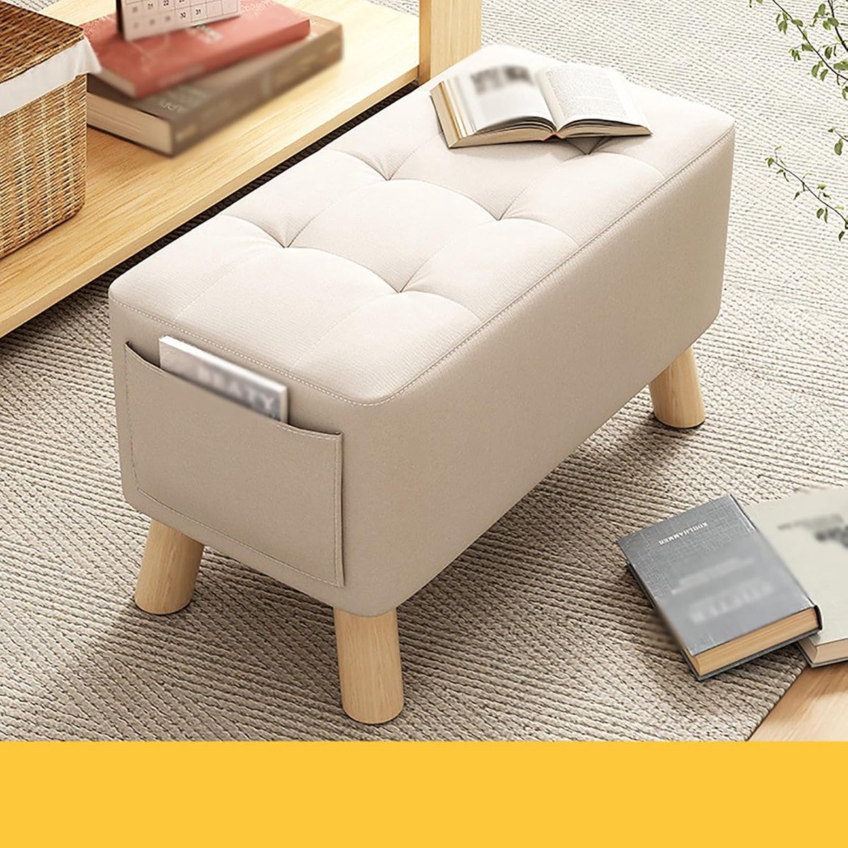 Gevoerde Pouffe - Voetenbank Stoel - Woonkamer Meubel - Met Houten Poten - Linnen Stof