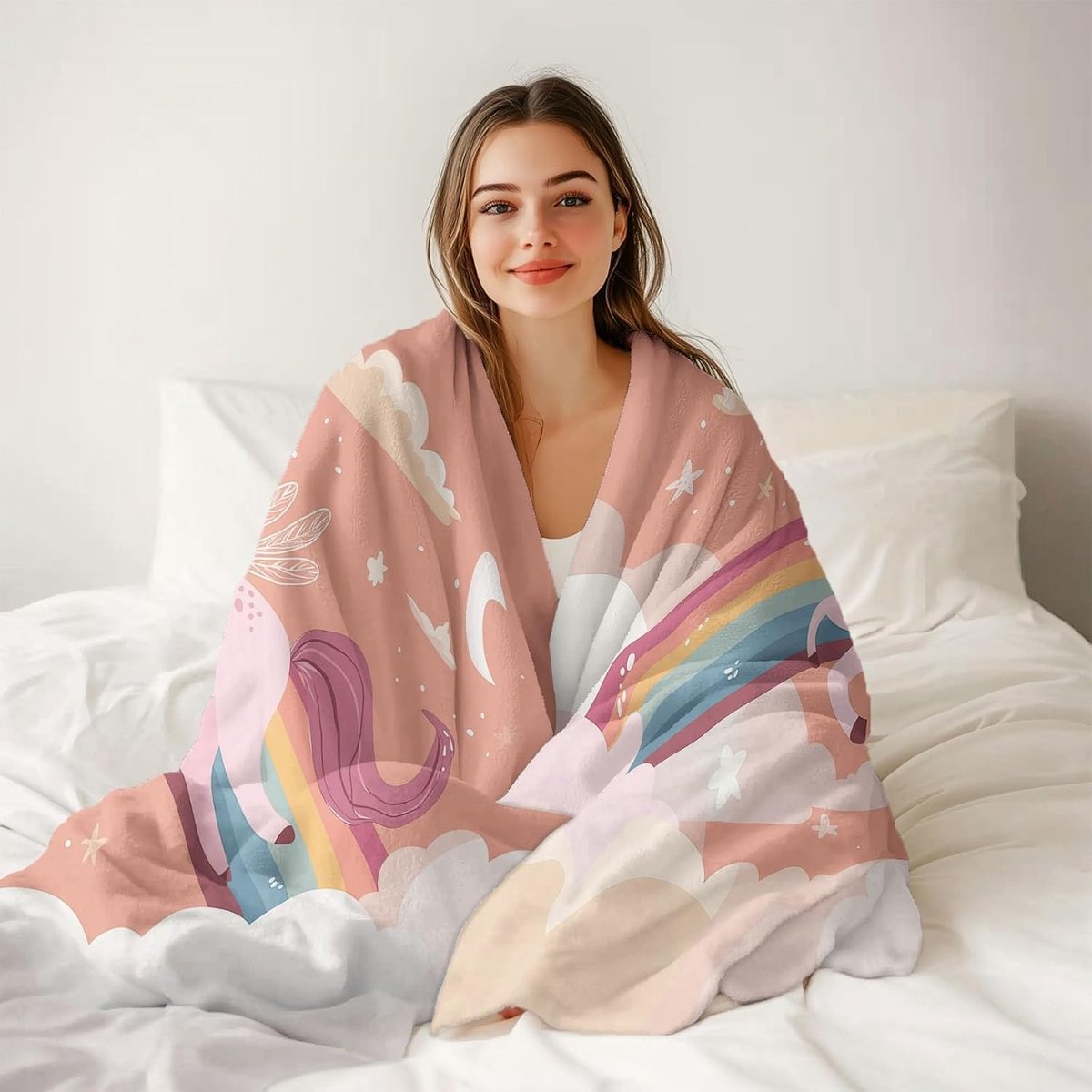 Flanellen Dekens - Zachte Plaid - Koude Avonden - Eenhoorn Droom Patroon - 100 x 150 cm - Perzik Roze — cadeau in Wonen & Interieur - foto 5