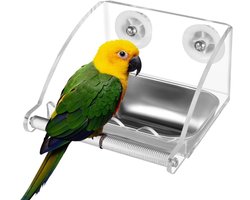 Allecto - Voederhuisje - RVS - Hangend - Voer- en waterbak - Klemhouder - Parkieten - Valkparkieten - Vinken - Lovebirds - Grijs - Metaal