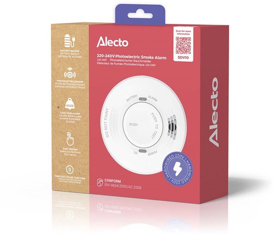 Alecto SDV10 Rookmelder - 230V Brandmelder op netstroom - Met Back-up Batterij - Wit