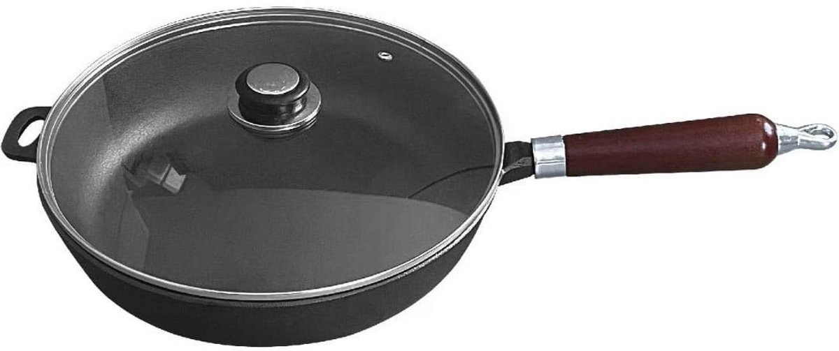 Krisberg Gietijzeren Koekenpan 30 cm met Deksel – Inductie – Oven – Afneembare Houten Handgreep – Zwart