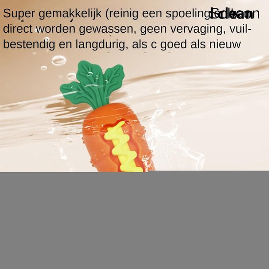 Oranje wortelspeeltje met groen blad en geel zigzag-element, in water. "Super gemakkelijk" staat er.