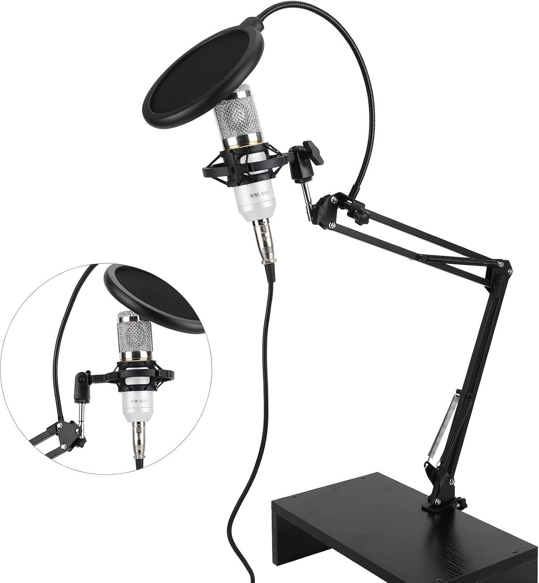 Condensatormicrofoon Set - Studio Microfoon - Professionele Opnames - Inclusief Arm en Accessoires - 43x19x10 cm - Wit Zilver