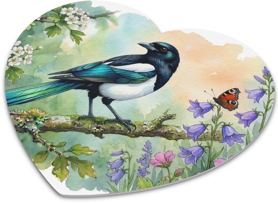 Hartvormige Muismat Aquarel Series Ekster op Tak met Vlinder & Roze Bloemen - Waterverf Vogels in de Natuur Print Bureau Accessoire Cadeau voor haar: Vrouw,Vriendin & Collega - Unieke Hartjes Muismat voor Computermuis Kantoor