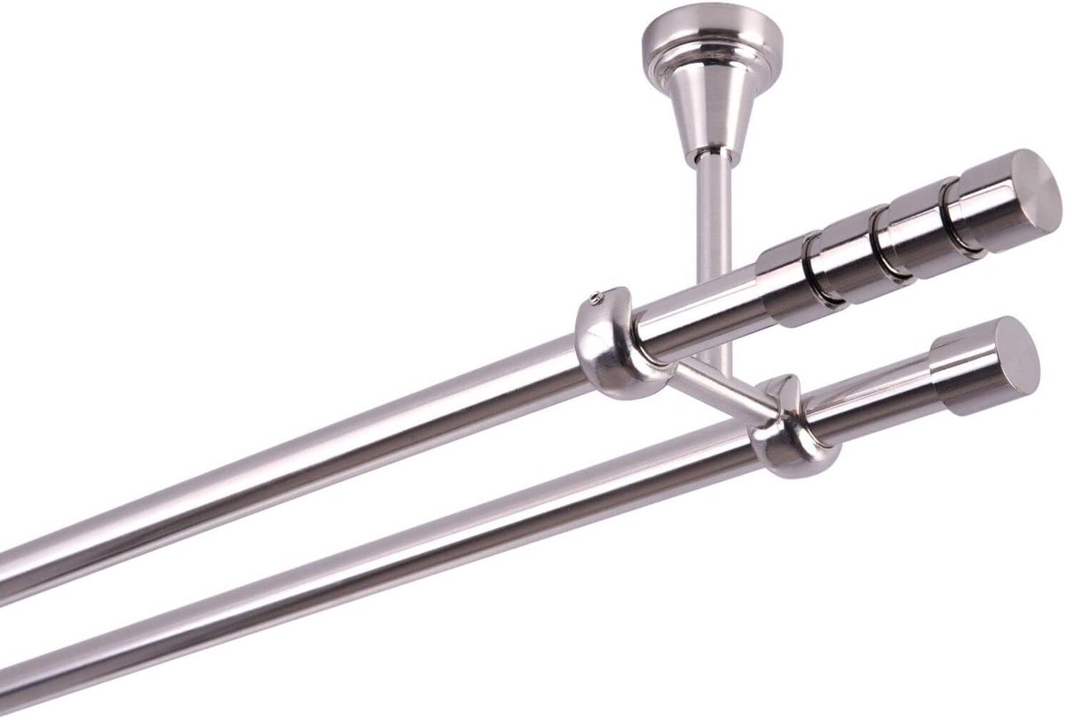 Dubbele Gordijnroede 16mm Plafondbevestiging - Moderne RVS Look Zilver (Uitbreidbaar)