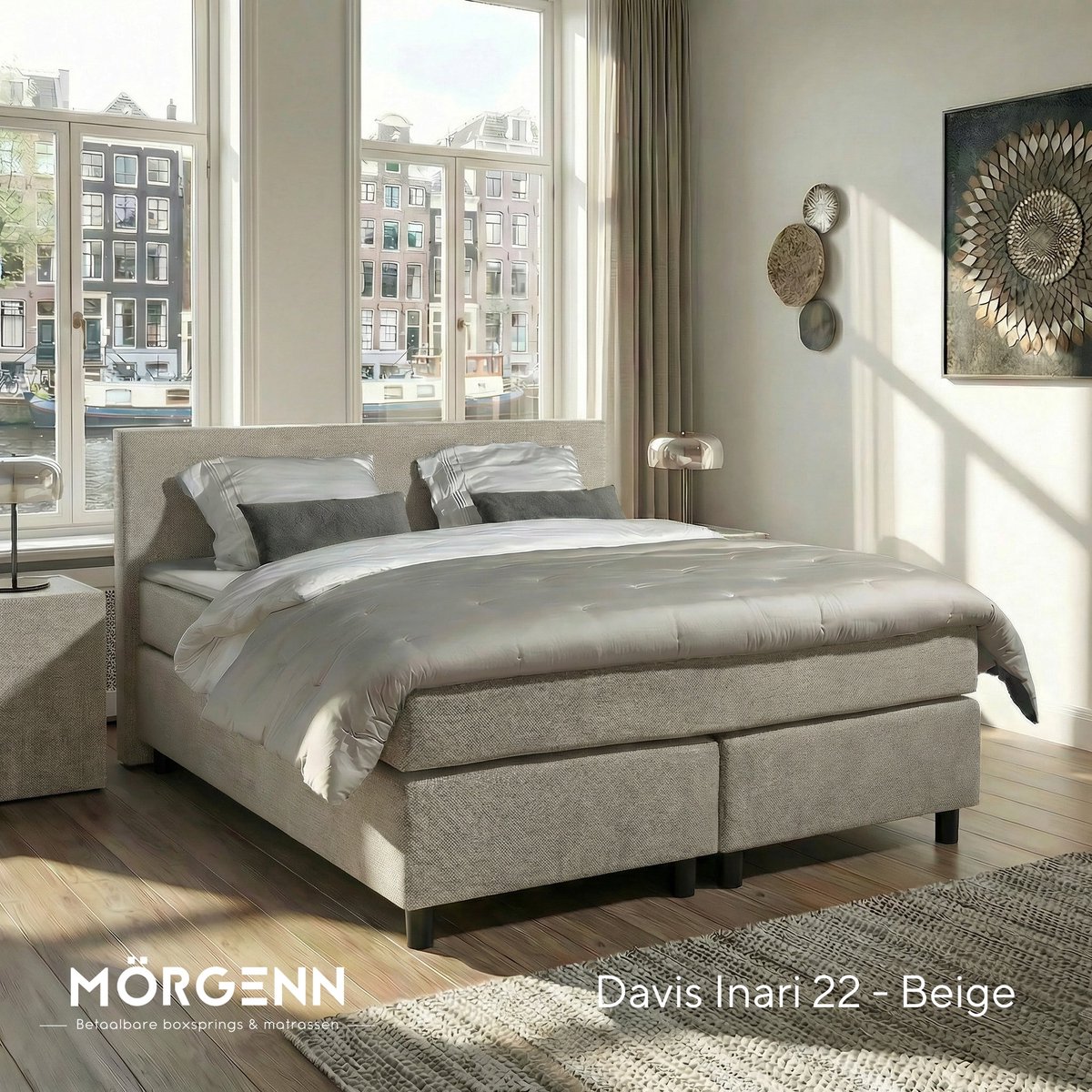 Mörgenn Boxspring Amsterdam - Pocketvering - Beige - 120x210 cm - Inclusief Dekbed en Kussens