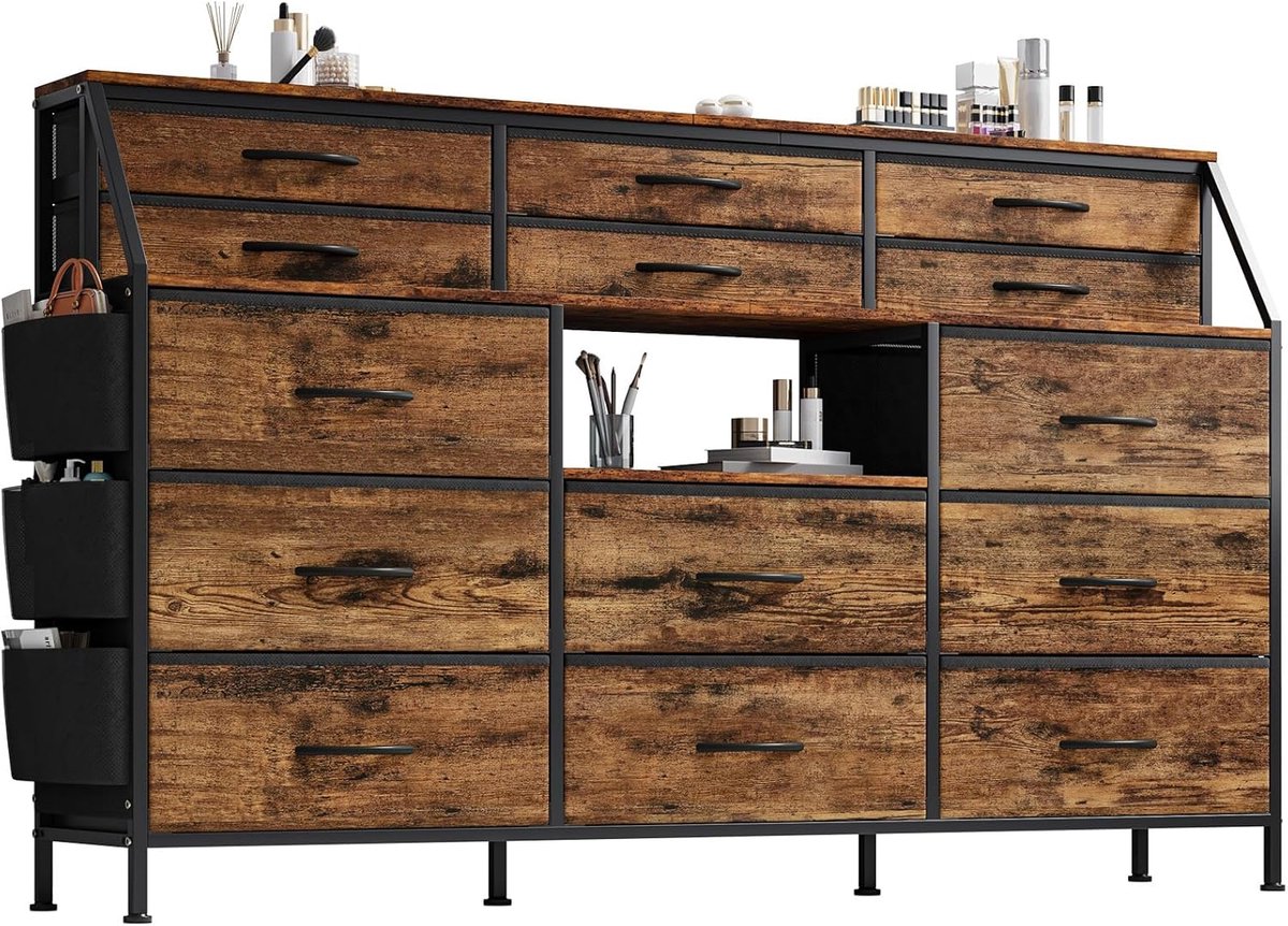 Ladekast met 14 Stoffen Lades - TV-meubel met Metalen Frame en Open Planken van Hout - Opbergkast voor Slaapkamer, Woonkamer en Hal - bruin