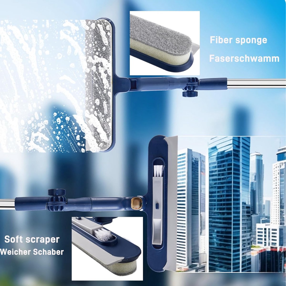 2 in 1 Ramenwasser - Ramenwasser telescopischr - Ramenwasser- Ruitenreiniger - Glaswisser - Raamwissergereedschap - Draaibare Wisser - Uitschuifbaar tot 120 cm - Ideaal voor ramen, spiegels, douches - Blauw thumbnail 3