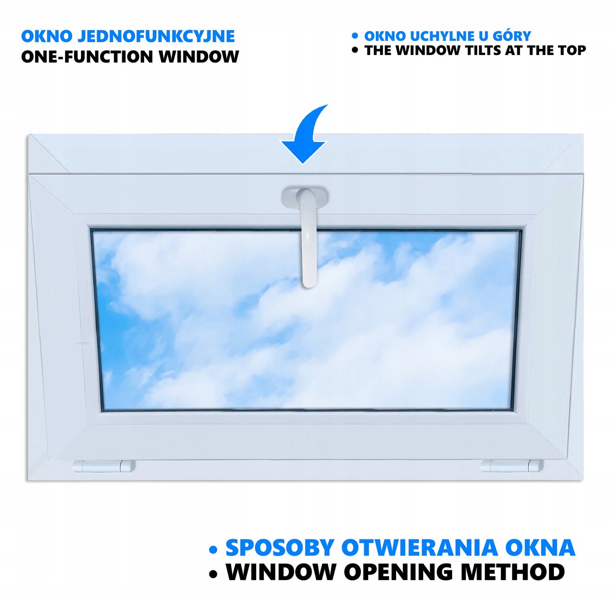 Wit PVC-raam, kantelbaar, 80x50, 800x500, dubbel glas, naar boven openslaand.