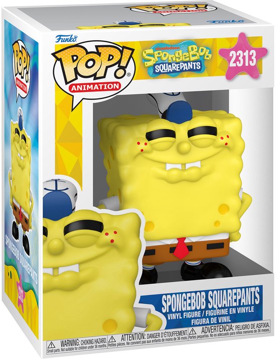 Figurine Funko Pop! jaune de Spongebob Squarepants avec chapeau bleu, cravate rouge et pantalon marron, en boîte.