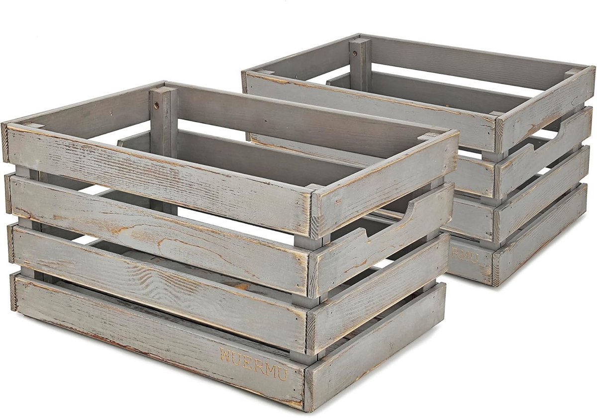Set van 2 Grijze Houten Opbergkratten - Rustiek & Stevig