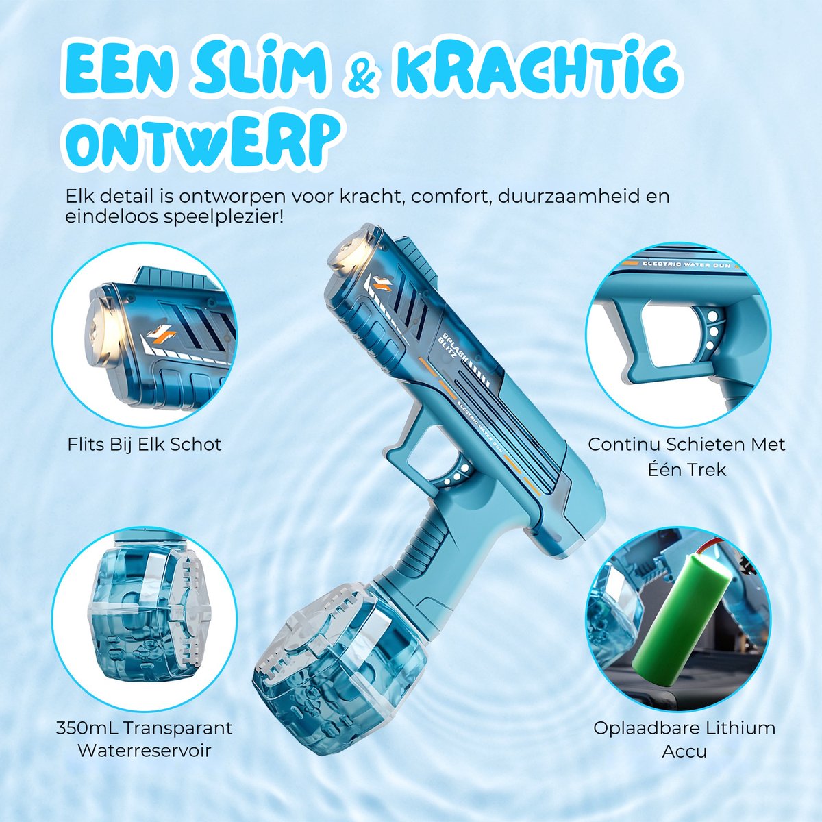 Pumpify Elektrisch Waterpistool – Buitenspeelgoed – Super Soaker – Waterspeelgoed – Met Flits Bij Ieder Schot - Automatisch Waterpistool – Watergeweer – Speelgoed – 4 Jaar – 5 Jaar – 6 jaar – 7 jaar – 8 jaar – Glock – Waterblaster – Blauw Mini — afbeelding 2
