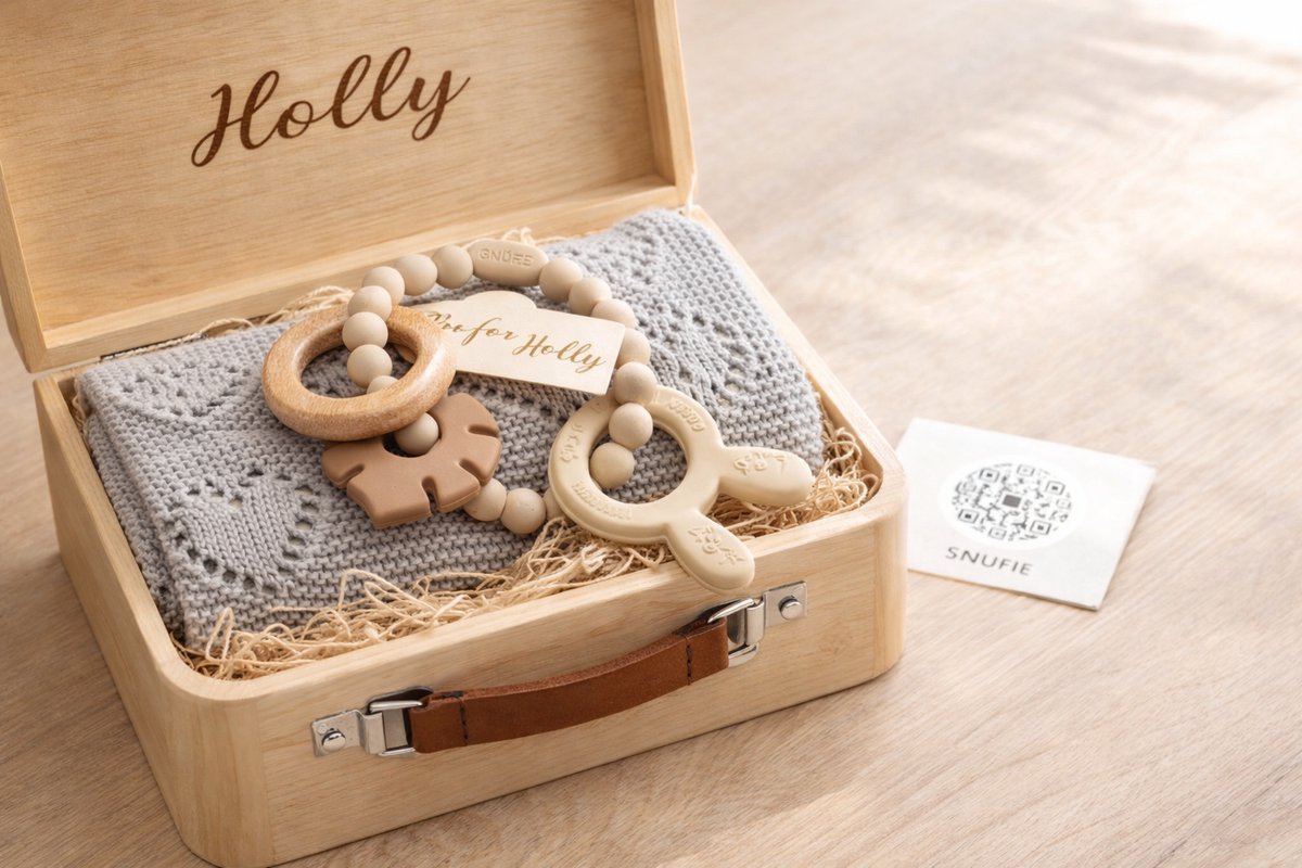 Snufie - Gepersonaliseerd Baby Koffertje - Kraamcadeau met Deken & Bijtring