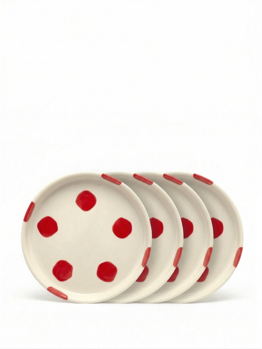 vtwonen - Borden - Gebaksbord - Stippen - Rood - Set van 4 - Keramiek - 13cm