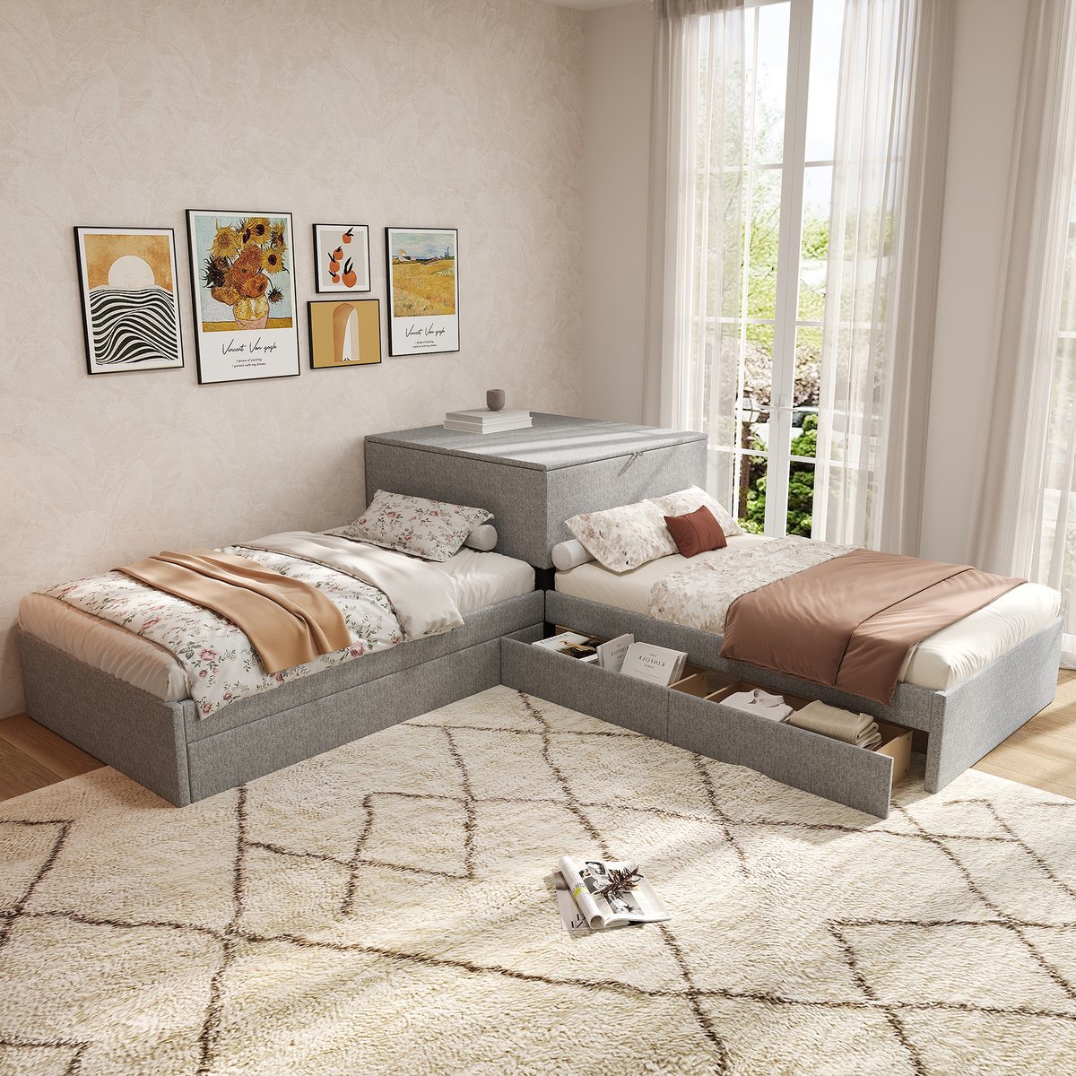 MODFU Ledikant 90x200 cm – Grijs linnen hoekbed – Slaapt voor 3 met uitschuifbed – Incl. opbergkast & laden