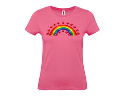 Dames t-shirt Regenboog Rode Hartjes | Carnaval -Concerten - Pride - Valentijn| Verkleedkleding Volwassenen | roze (Dames) | maat L