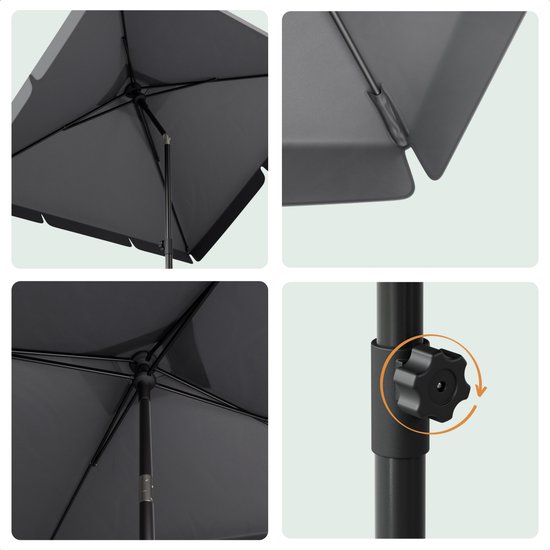 Details van donkergrijze parasol: binnenkant, scharnier en draaimechanisme van de staander.