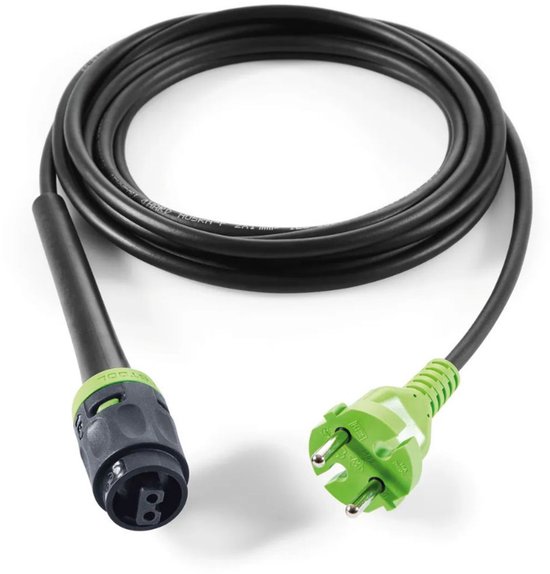 Zwart aansluitsnoer met een groene stekker en een zwarte connector met groene details.
