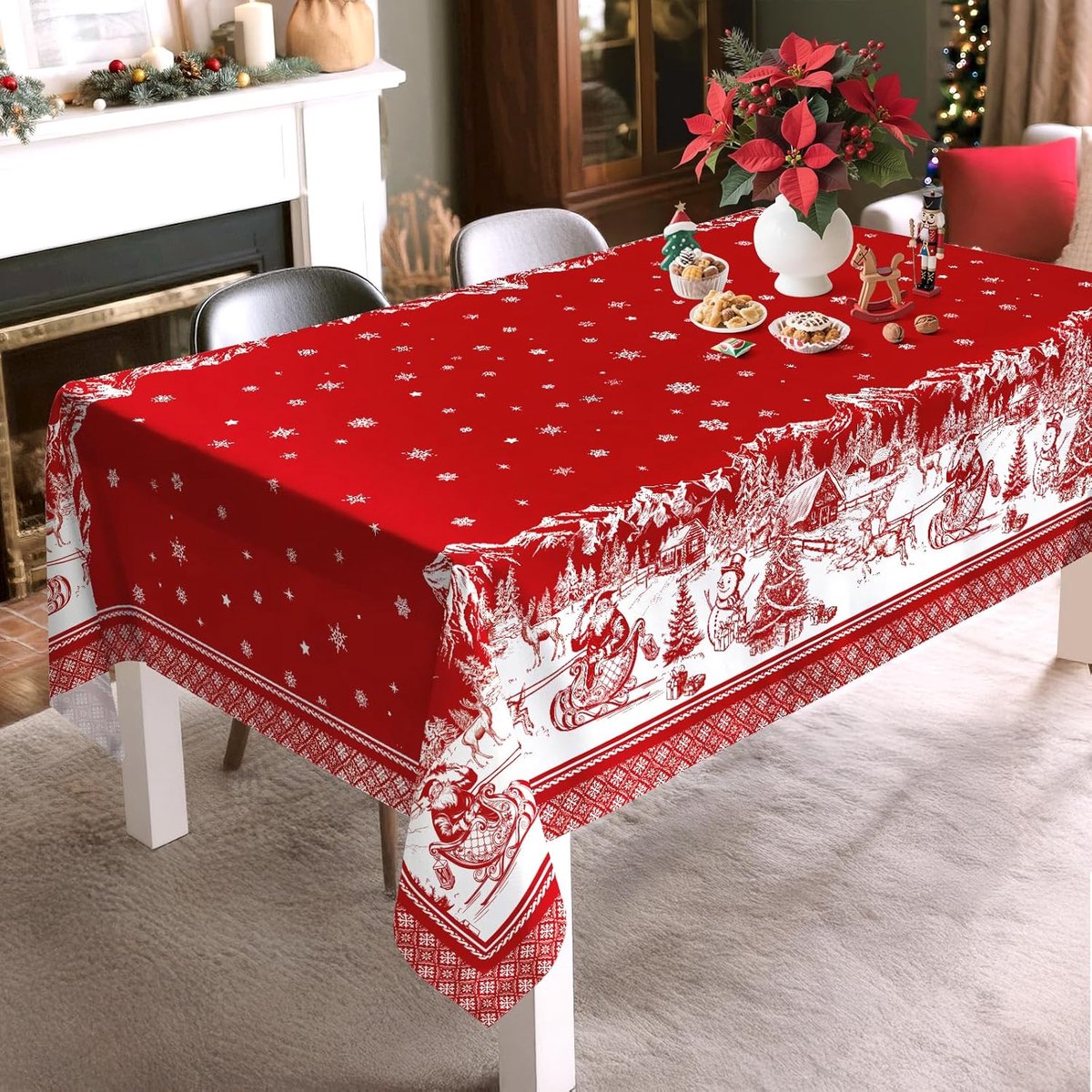 Waterdicht Kersttafelkleed voor Rechthoekige Tafels in Rood en Wit